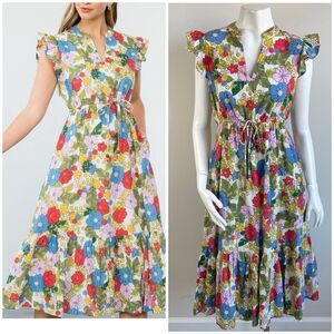 THML Drawstring Waist Flutter Sleeve Floral Midi Dress XS Cottage Sundress